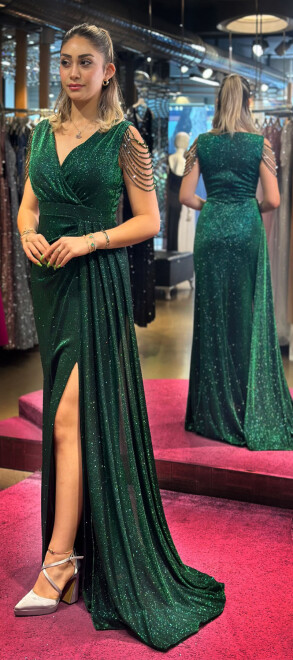 Green Thick Strap Beaded Slit Straight Cut Glitter Long Evening Dress 7551 - 3