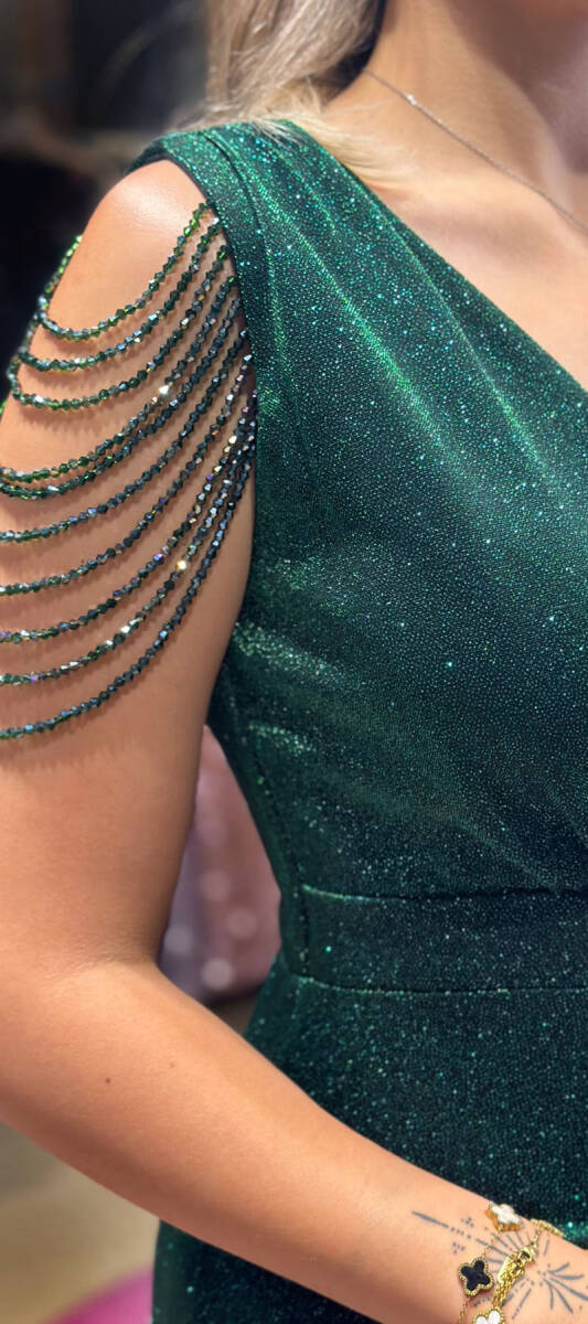 Green Thick Strap Beaded Slit Straight Cut Glitter Long Evening Dress 7551 - 4