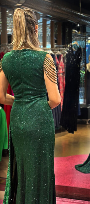 Green Thick Strap Beaded Slit Straight Cut Glitter Long Evening Dress 7551 - 5