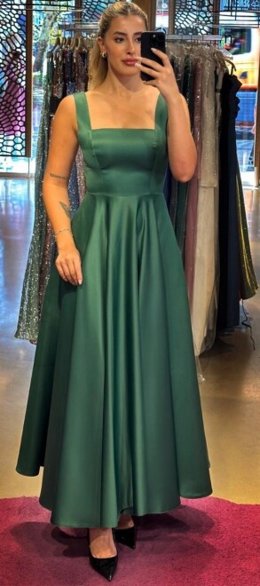 Green Thick Strap Flared Skirt Satin Midi Evening Dress 7631 