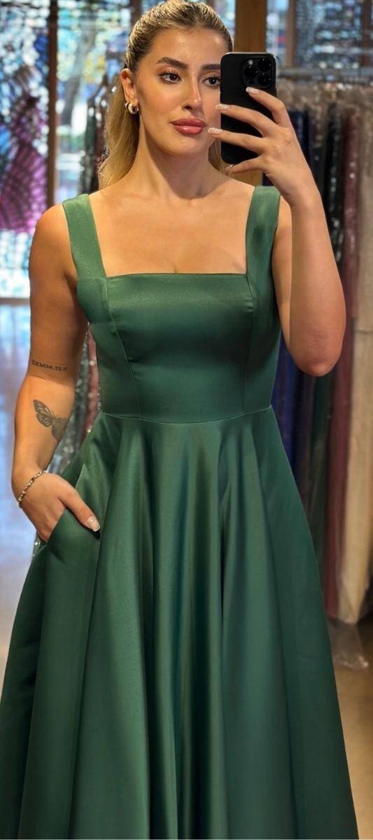 Green Thick Strap Flared Skirt Satin Midi Evening Dress 7631 - 2