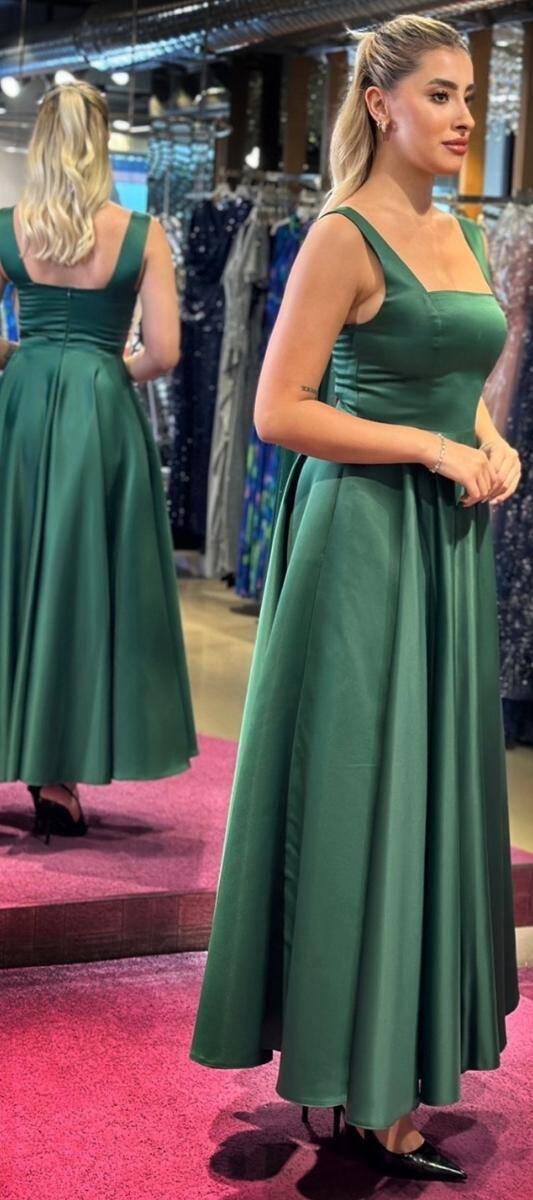 Green Thick Strap Flared Skirt Satin Midi Evening Dress 7631 - 3