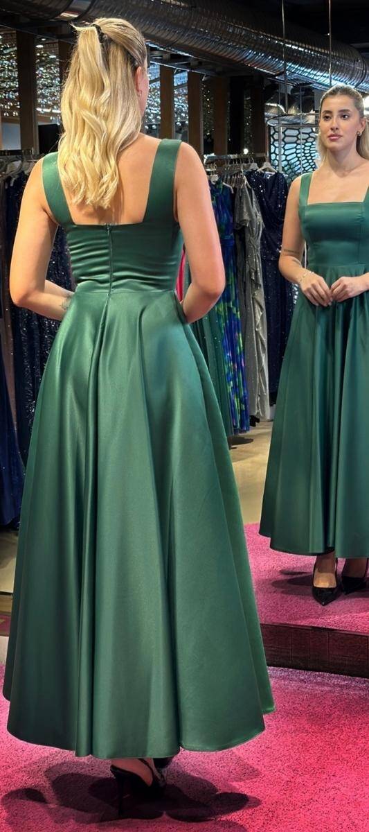 Green Thick Strap Flared Skirt Satin Midi Evening Dress 7631 - 5