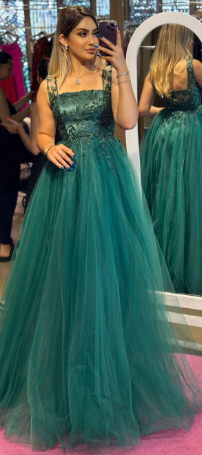 Green Thick Strap Flared Skirt Tulle Long Evening Dress 7403 