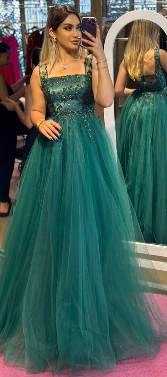 Green Thick Strap Flared Skirt Tulle Long Evening Dress 7403 - 1