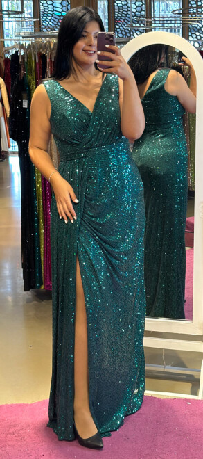 Green Thick Strap Slit Straight Cut Sequin Long Evening Dress 7293 