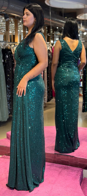 Green Thick Strap Slit Straight Cut Sequin Long Evening Dress 7293 - 3