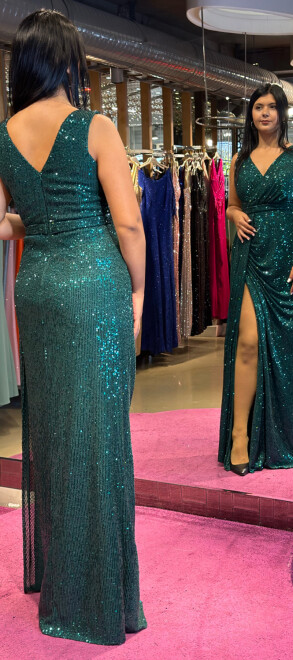 Green Thick Strap Slit Straight Cut Sequin Long Evening Dress 7293 - 5