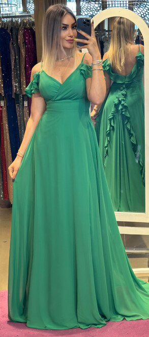 Green Thin Strapped Flared Skirt Chiffon Long Evening Dress 7392 