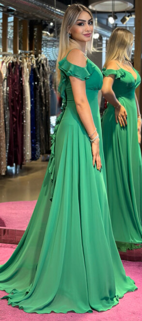 Green Thin Strapped Flared Skirt Chiffon Long Evening Dress 7392 - 3