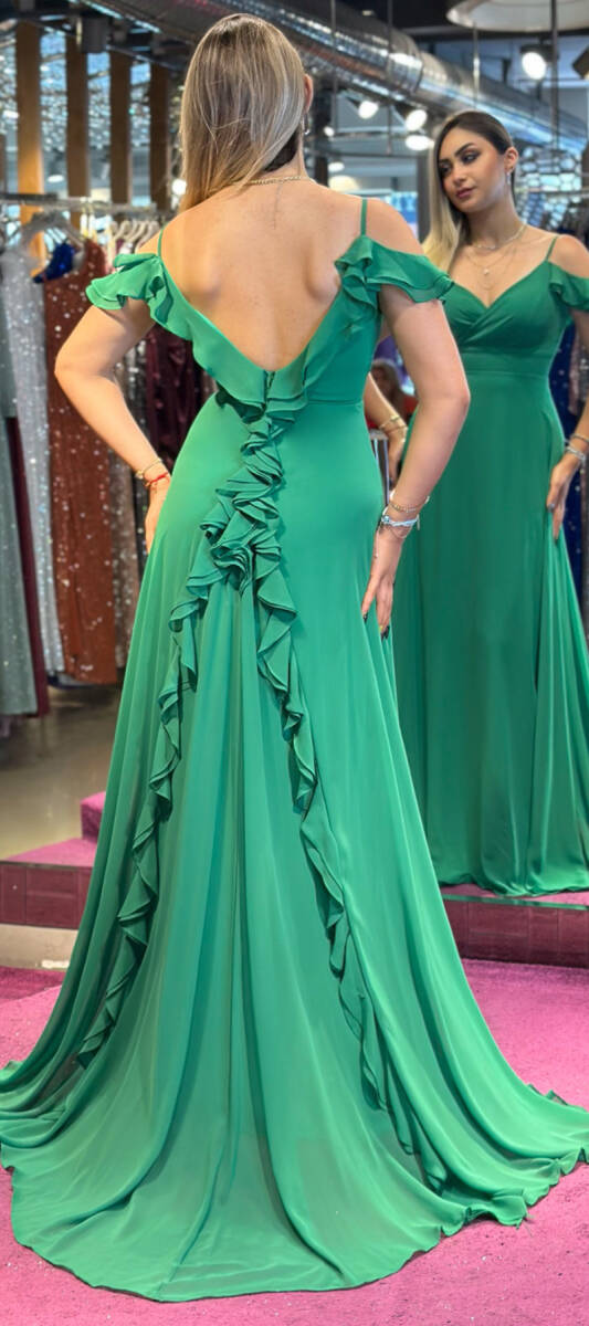 Green Thin Strapped Flared Skirt Chiffon Long Evening Dress 7392 - 5