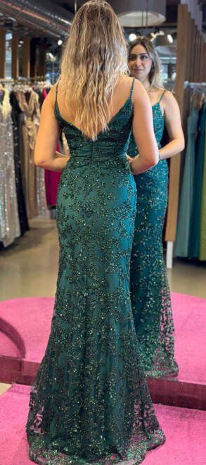 Green Thin Strapped Straight Cut Glitter Long Evening Dress 7127 - 5