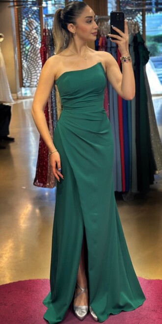 Green Wrap Slit Straight Cut Crepe Long Evening Dress 7324 