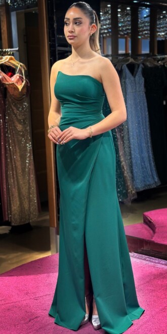 Green Wrap Slit Straight Cut Crepe Long Evening Dress 7324 - 3