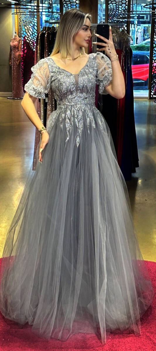 Grey Balloon Sleeve Flared Skirt Tulle Long Evening Dress 7468 - 1