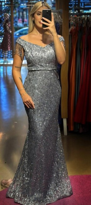 Grey Beaded Straight Cut Glitter Long Evening Dress 7603 - 1