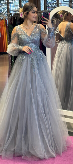 Grey Long Sleeve Flared Skirt Tulle Long Evening Dress 7028 - 1