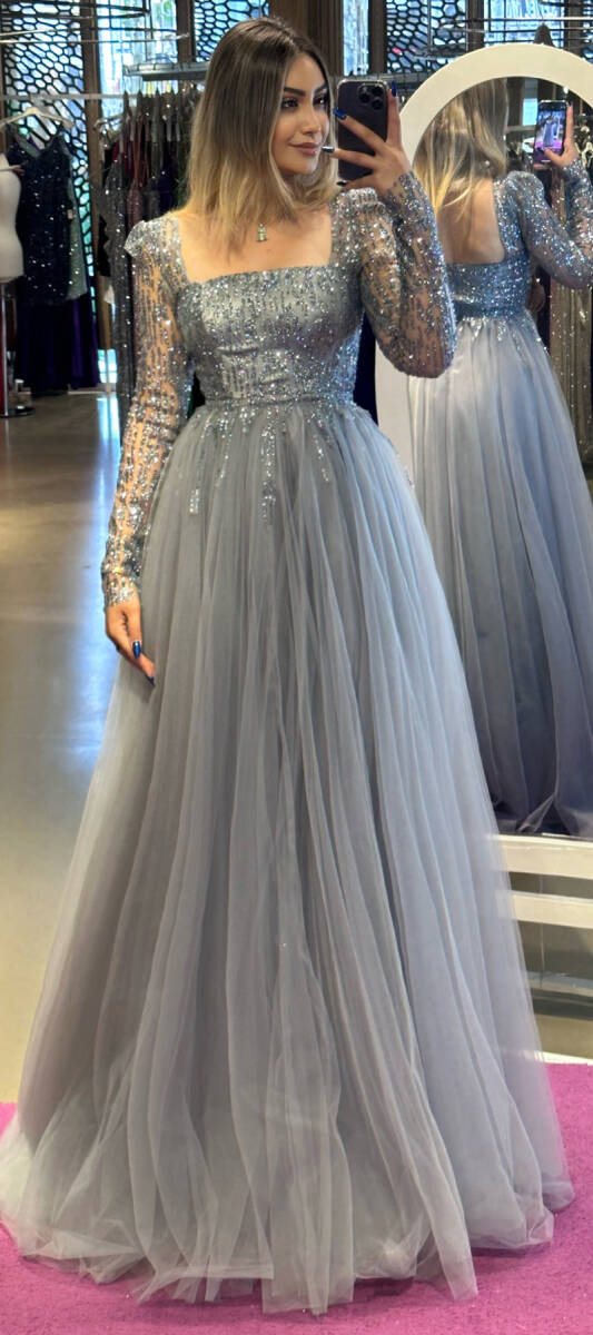 Grey Long Sleeve Flared Skirt Tulle Long Evening Dress 7352 - 1