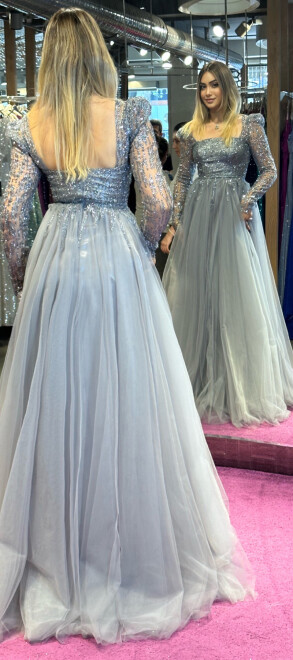 Grey Long Sleeve Flared Skirt Tulle Long Evening Dress 7352 - 5