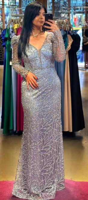 Grey Long Sleeve Straight Cut Glitter Long Evening Dress 7544 