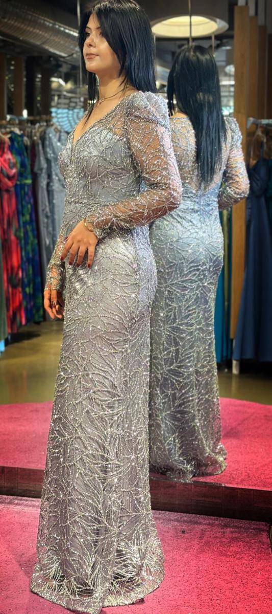 Grey Long Sleeve Straight Cut Glitter Long Evening Dress 7544 - 3