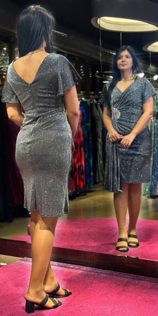 Grey Short Sleeve Stone Detailed Straight Cut Glitter Midi Evening Dress 7514 - 5