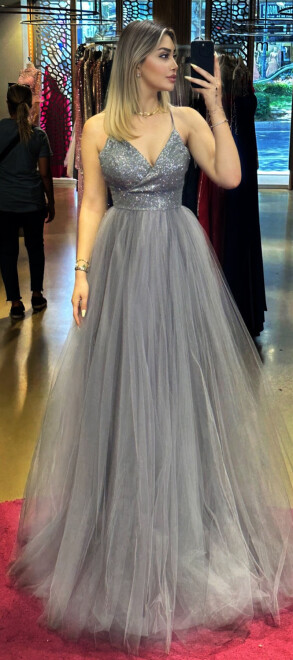 Grey Spaghetti Strap Low-Cut Back Flared Skirt Tulle Long Evening Dress 6969 