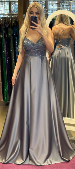 Grey Spaghetti Strap Low-Cut Back Wrap Slit Flared Skirt Satin Long Evening Dress 6835 - 1