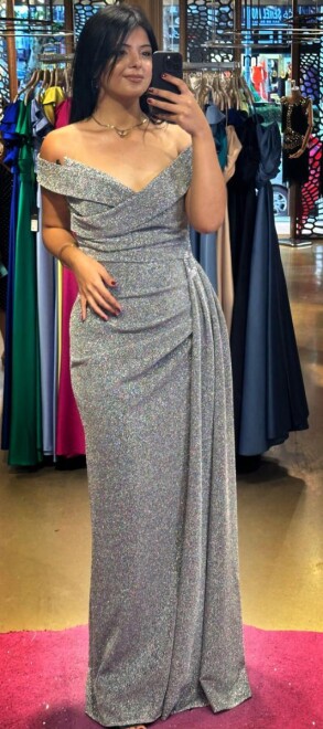 Grey Stone Detailed Slit Straight Cut Glitter Long Evening Dress 7608 