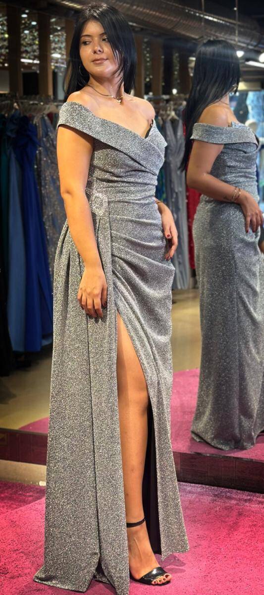 Grey Stone Detailed Slit Straight Cut Glitter Long Evening Dress 7608 - 3