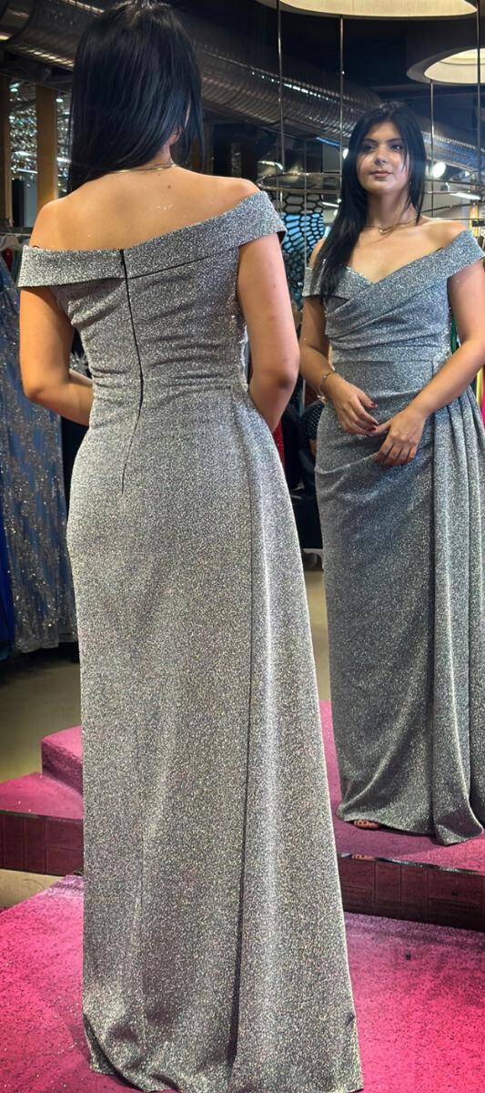 Grey Stone Detailed Slit Straight Cut Glitter Long Evening Dress 7608 - 5