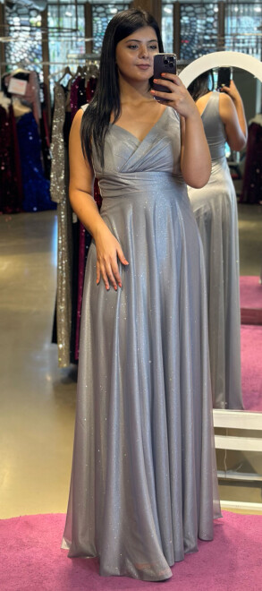 Grey Thick Strap Flared Skirt Glitter Fabric Long Evening Dress 7117 