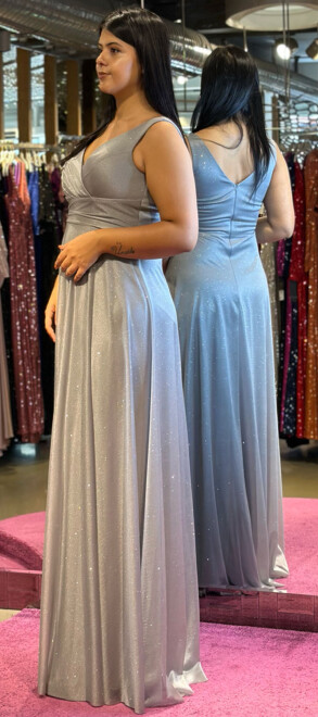 Grey Thick Strap Flared Skirt Glitter Fabric Long Evening Dress 7117 - 3