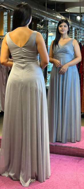 Grey Thick Strap Flared Skirt Glitter Fabric Long Evening Dress 7117 - 5