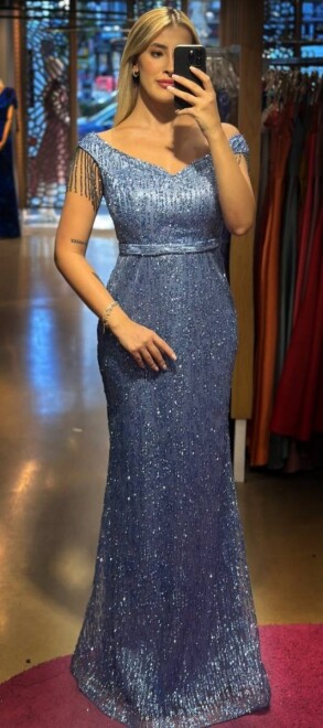 Indigo Beaded Straight Cut Glitter Long Evening Dress 7603 - 1