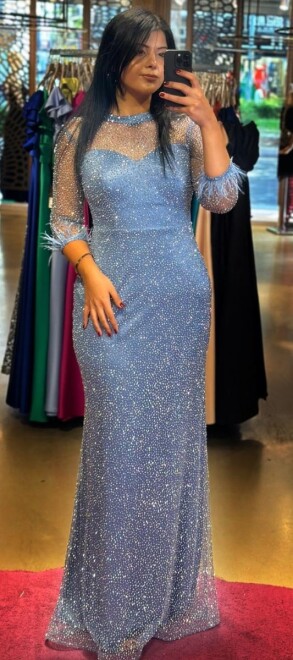 Indigo Long Sleeve Feather Detailed Straight Cut Glitter Long Evening Dress 7549 - 1