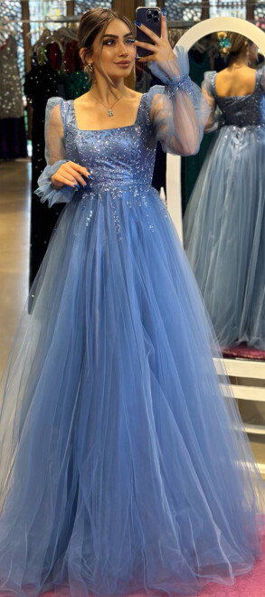 Indigo Long Sleeve Flared Skirt Tulle Long Evening Dress 7369 