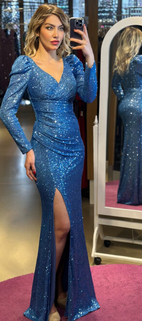 Indigo Long Sleeve Slit Straight Cut Sequin Long Evening Dress 7321 - 1