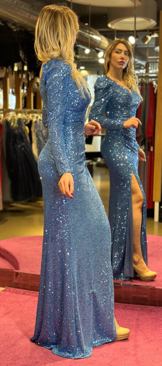 Indigo Long Sleeve Slit Straight Cut Sequin Long Evening Dress 7321 - 3