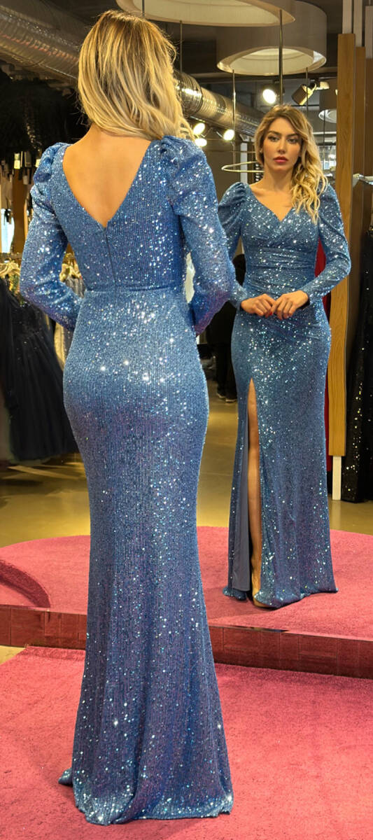 Indigo Long Sleeve Slit Straight Cut Sequin Long Evening Dress 7321 - 5