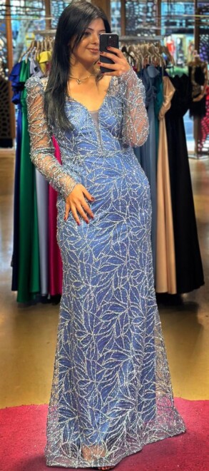 Indigo Long Sleeve Straight Cut Glitter Long Evening Dress 7544 - 1