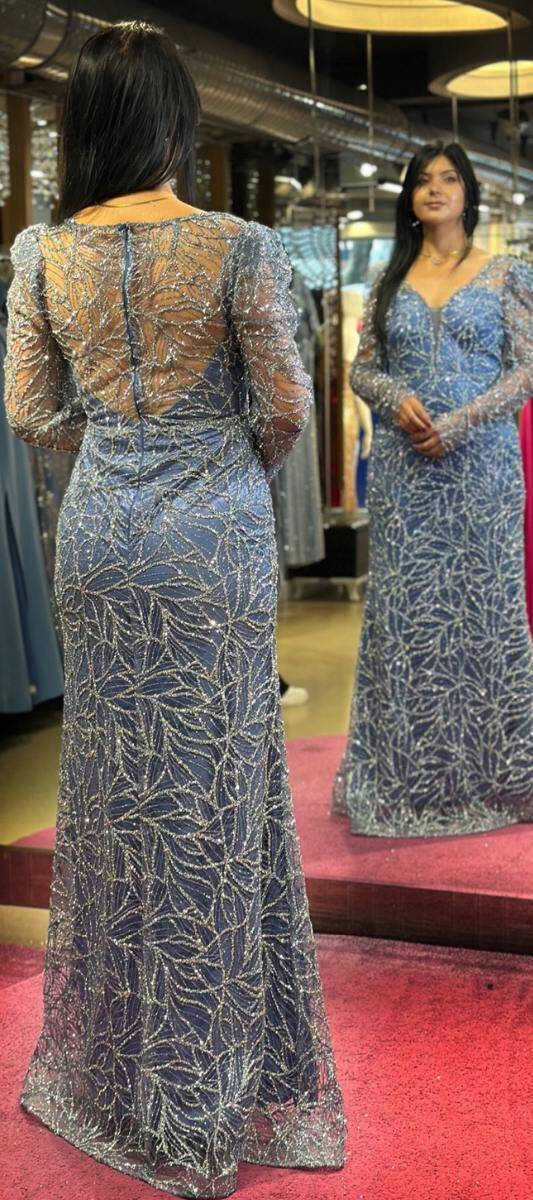 Indigo Long Sleeve Straight Cut Glitter Long Evening Dress 7544 - 5