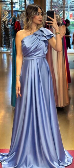 Indigo One Shoulder Flared Skirt Satin Long Evening Dress 7501 