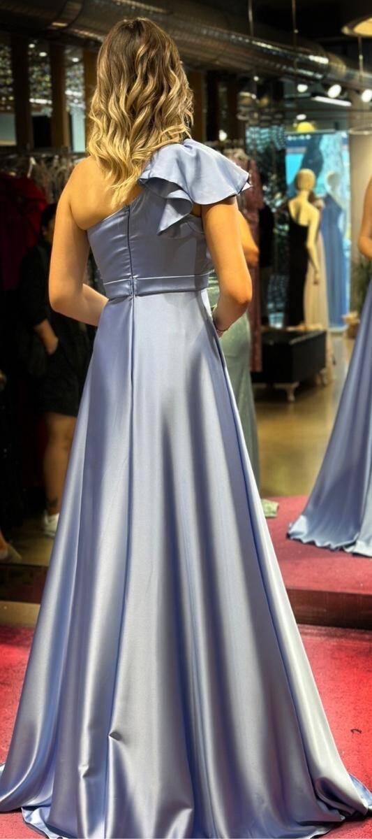 Indigo One Shoulder Flared Skirt Satin Long Evening Dress 7501 - 5