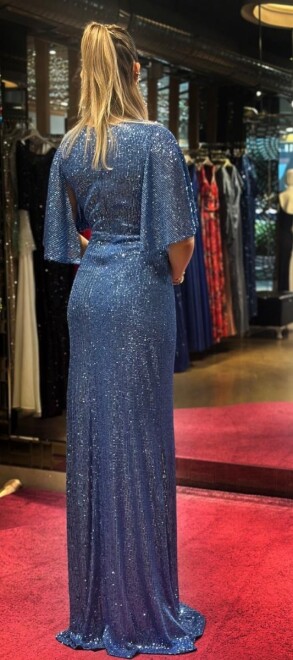 Indigo Short Sleeve Straight Cut Sequin Long Evening Dress 7572 - 5