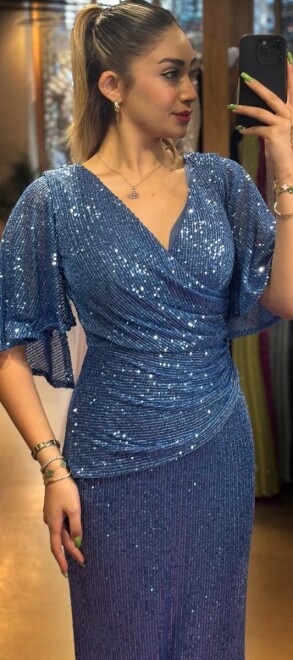 Indigo Short Sleeve Straight Cut Sequin Long Evening Dress 7572 - 2