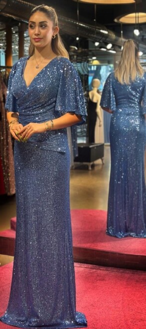 Indigo Short Sleeve Straight Cut Sequin Long Evening Dress 7572 - 3