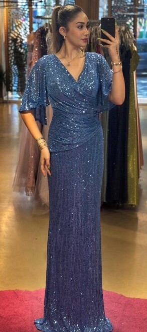 Indigo Short Sleeve Straight Cut Sequin Long Evening Dress 7572 