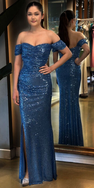 Indigo Slit Straight Cut Sequin Long Evening Dress 7379 