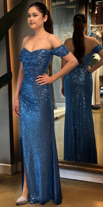 Indigo Slit Straight Cut Sequin Long Evening Dress 7379 - 3